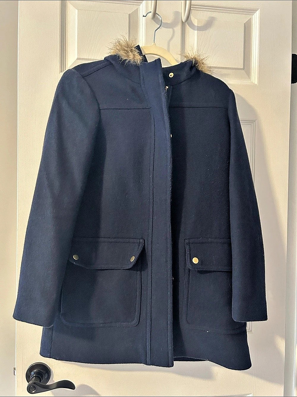 J.Crew Mercantile Women's Faux Fur Hood Pea Coat Blue Size 4 Like New